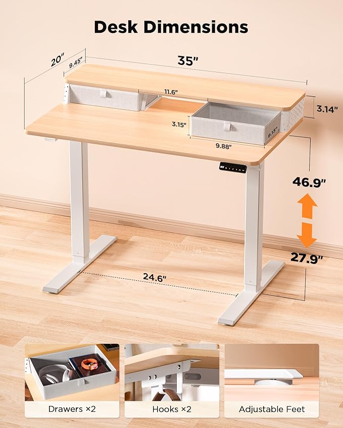 35x20 Inch Standing Desk with Double Drawers, C-Clamp Mount Compatible, Electric Adjustable Height Computer Stand Up Desks, Home Office Sit Stand Table with 3 Preset Heights & 2 Hooks, Natural