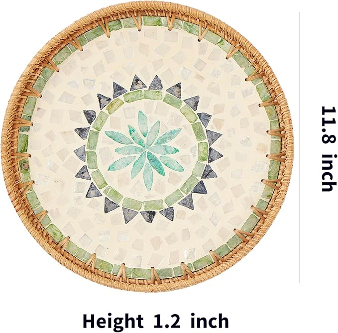 Round Rattan Tray with Mother of Pearl Inlay, Rattan Serving Tray with Wooden Base, Decorative Wicker Basket for Table Decor, Storage and Display of Coffee Bread Food Fruit (Bohemia)