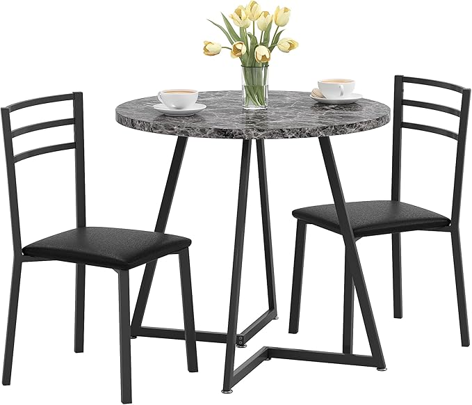 VECELO Small Round Dining Table Set for 2, Wood Tabletop with Strong Metal Frame, Modern Dinette with Chairs for Kitchen, Breakfast Nook Living Room, Faux Marbled & Grey