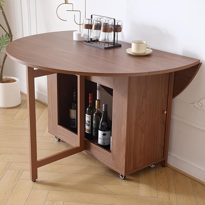 Walnut Round Folding Dining Table with 6 Chairs, Walnut Solid Wood Folding Chair Set of 2, Space Saving Foldable Dining Table with 6 Chairs