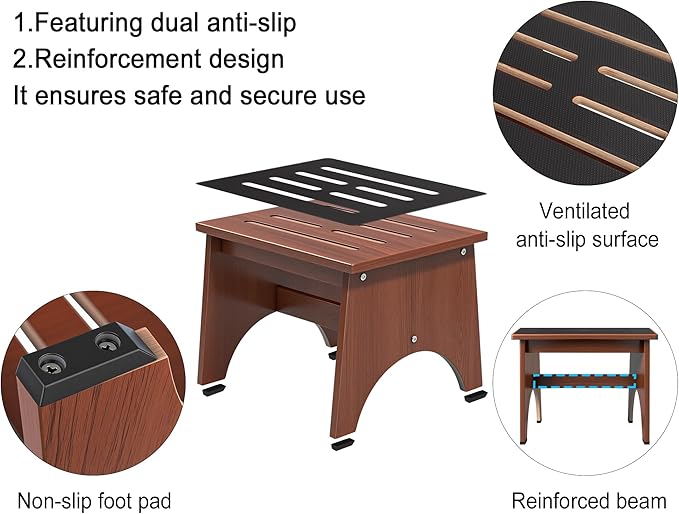 One Step Stool for Adults Seniors with Non-Slip Rubber Stepping Feet, Heavy Duty Wooden Step Stool, Portable Bed Steps for High Beds (Brown, 12 Inch)