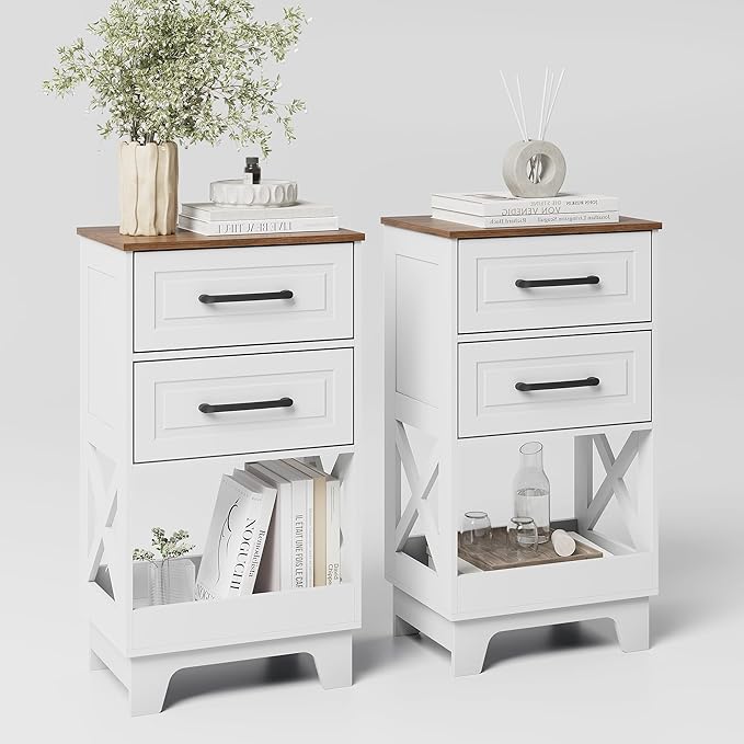 Tall Nightstand Set of 2 Side Table with 2 Drawers Modern Night Stand Wooden Rustic End Table Bedside Table with Below Open Shelf Solid Feet for Bedroom, Living Room, White+Walnut