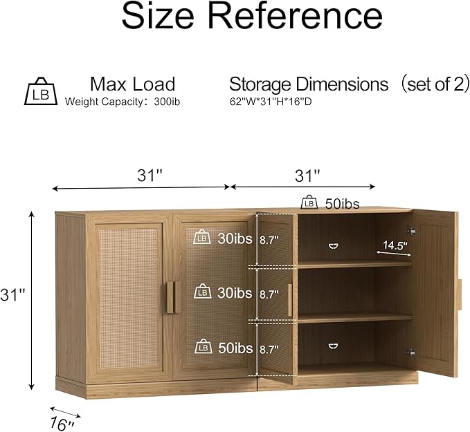 Buffet Cabinet, 4-Doors Sideboard Cabinet with Rattan Panels, Buffet Console Accent Table for Hallway Entryway Dining Room, 62", Oak