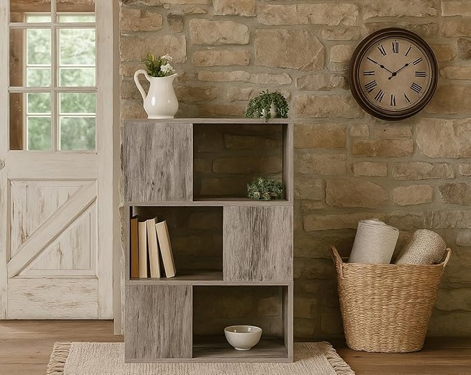 GHC 3 Tier Bookshelf, Wood Decorative Storage Shelving, Modern Freestanding Display Shelves, Tall Book Shelf Unit for Living Room, Bedroom, Office-Gray