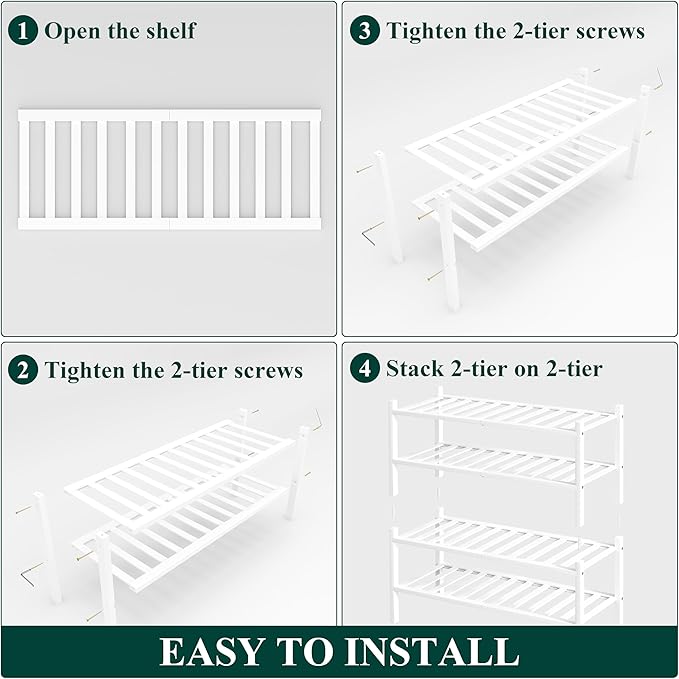 Smiry Shoe Rack, 4 Tier Thick Bamboo Shoe Organizer, Stackable Free Standing Wooden Shoe Storage Shelf for Closet, Entryway, Front Door Entrance, White