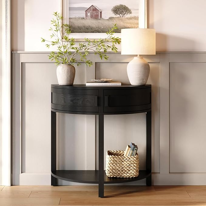 Living Room Furniture Sofa Table Half Moon - 32 in x 15.75 in, Blackened Oak Rustic Wood - Console Table with Storage & Black Knobs for Hallway & Entryway Decor