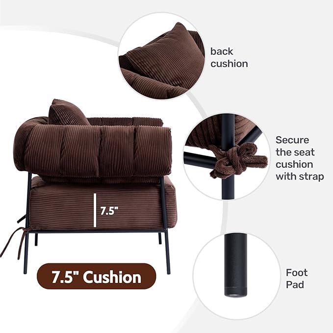 HollyHOME Modern Velvet Accent Chair, Upholstered Comfy Reading Chair, Fabric Large Lazy Arm Chair with Soft Cushion, Metal Frame Lounge Sofa Chair for Living Room, Bedroom, Balcony, Coffee