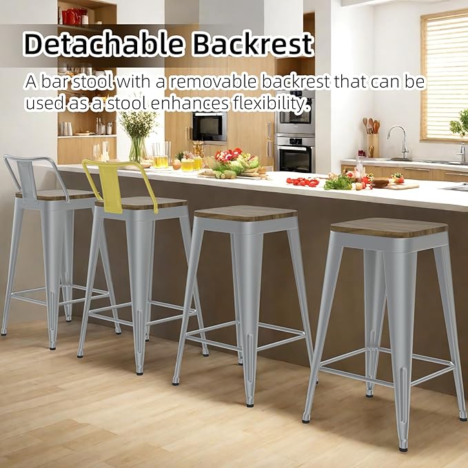 Silver Bar Stools Set of 4, Metal Bar Stools with Wooden Seat, Modern 24”Counter Height Barstools with Low Back