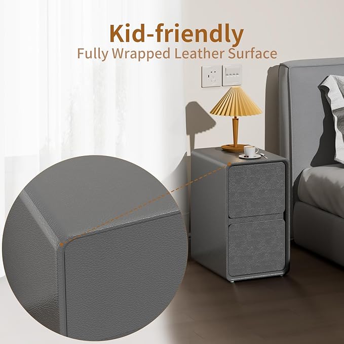 VICITON Modern Narrow Faux Leather Nightstand, Solid Wood Drawer, Storage Accent Table, Small Side End Table for Bedroom (Gray, Nomal(12 inch))