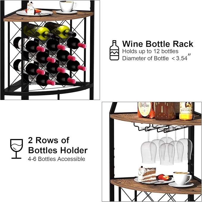 5-Tier Corner Wine Rack with LED Light Floor Standing Wine Rack with Glass Holder and Bottles Wine Storage Home Bar Furniture for Kitchen Living Dining Room (Rustic Brown)