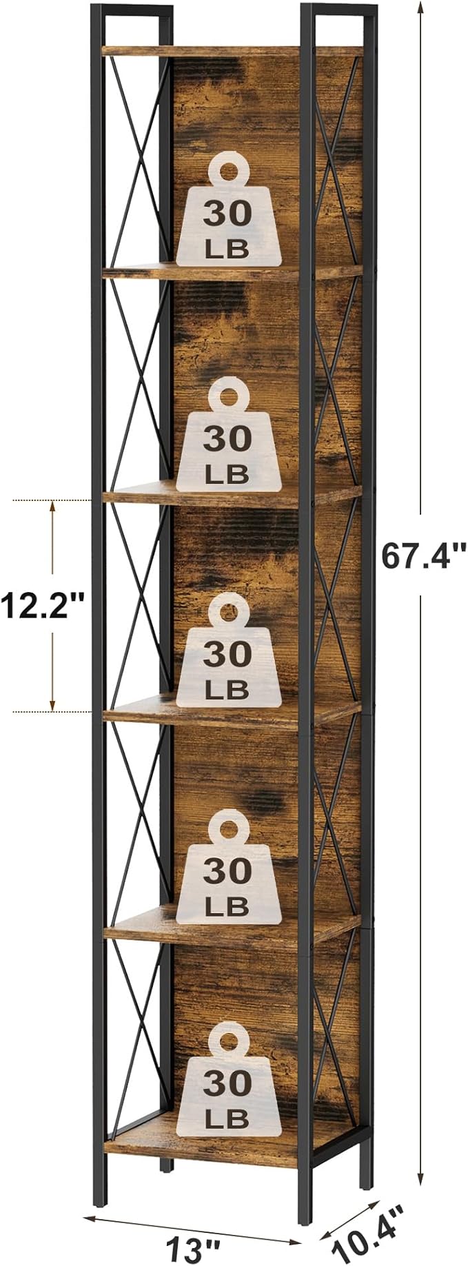 Homhedy 6 Tier Bookshelf Bookcase, Tall Narrow Bookshelf for Small Space, Metal Storage Shelves with Back Panel, for Home Office, Living Room, Kitchen, Bedroom, Industrial Style, Rustic Brown