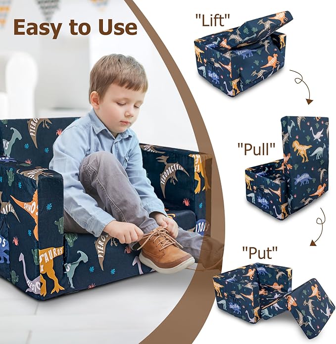 Kids Couch, 2-in-1 Kids Fold Out Couch, Convertible Kid Sofa to Lounger for Girls and Boys, Soft Toddler Chairs Comfy 1-3 Years Old (Dinosaur)