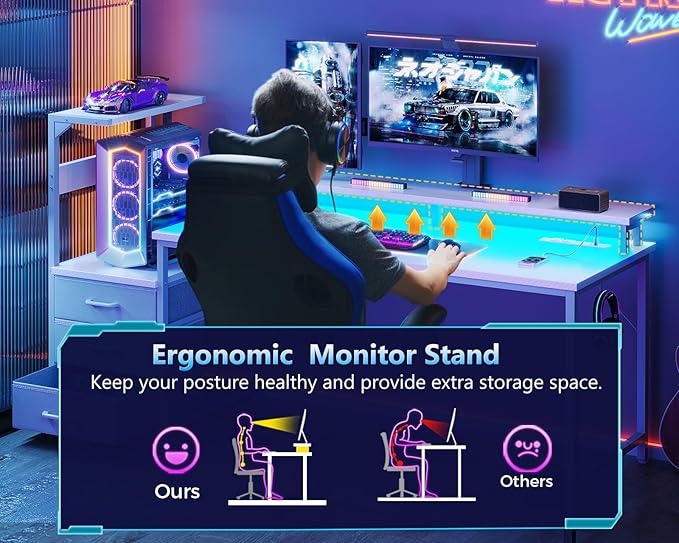 AODK 52 Inch Gaming Desk with USB Charging Ports & LED Light- Reversible Computer Desk with Storage Shelves & Monitor Stand, Modern Gamer Desk Table with Fabric Drawers & Side Hook, Carbon Fiber White