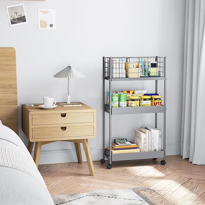 KINGRACK Slim Storage Rolling Cart, 3-Tier Metal Utility Cart with Wheels, Rolling Storage Cart, Skinny Storage Rolling Cart, Storage Trolley Cart for Office Kitchen Bathroom Narrow Place, Grey