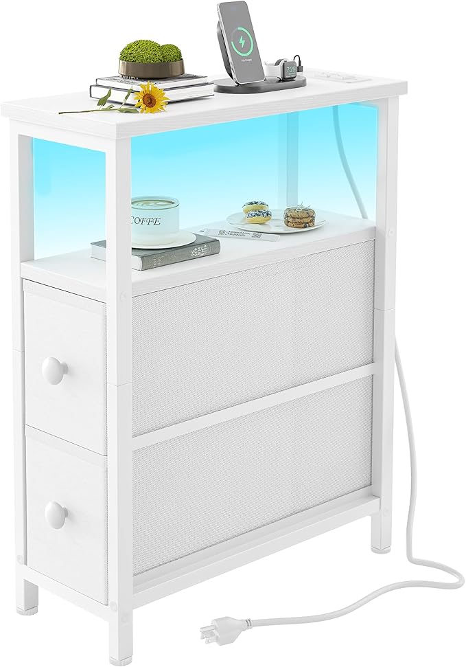 TIQLAB End Table with Charging Station, Narrow Side Table with 2 Fabric Drawers, Nightstand with LED Light, Slim Bedside Table for Bedroom, Living Room, Small Spaces, White
