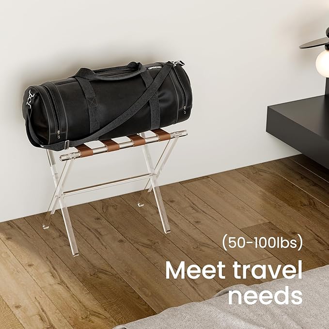 Sumerflos Acrylic Luggage Rack for Guest Room - Foldable Suitcase Stand with Leather Straps for Bedroom Living Room Hotel Heavy-Duty, Holds up to 50-100 lb lightweight Space Saving (Brown & Handle - 1 Pcs)
