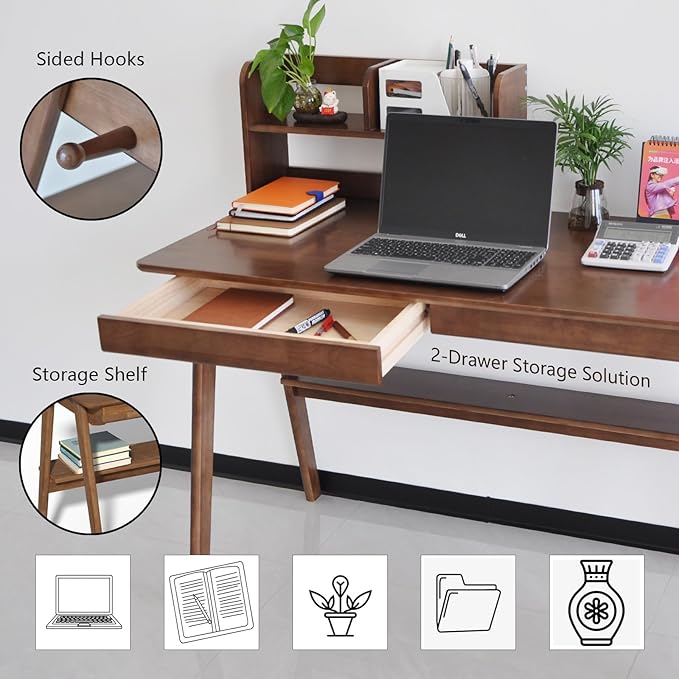 Oak Desk with Drawers, Solid Wood Desk with Bookshelf Small Computer Desk for Small Spaces Mid-Century Modern Wood Writing Desk with 2 Drawers for Home Office 47"