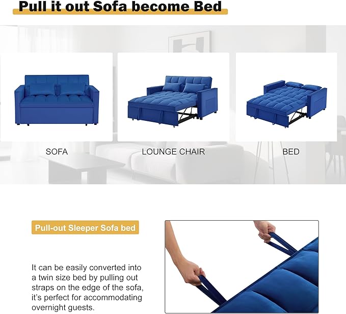 3 in1 Sofa Bed, Pull-Out Sleeper Sofa Bed with 3-Level Adjustable Backrest, Velvet Fabric Convertible Love Seat Sleepers Beds for Living Room & Bedroom & Apartment, Blue