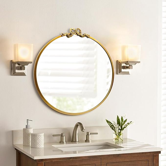 Vintage Gold Round Mirror Decorative Bathroom Vanity Mirrors 27.5inch Antique Metal Ornate Circle Wall Mirror, Baroque Bow Decor for Home Dressing Table,Bedroom,Living Room,Hallway