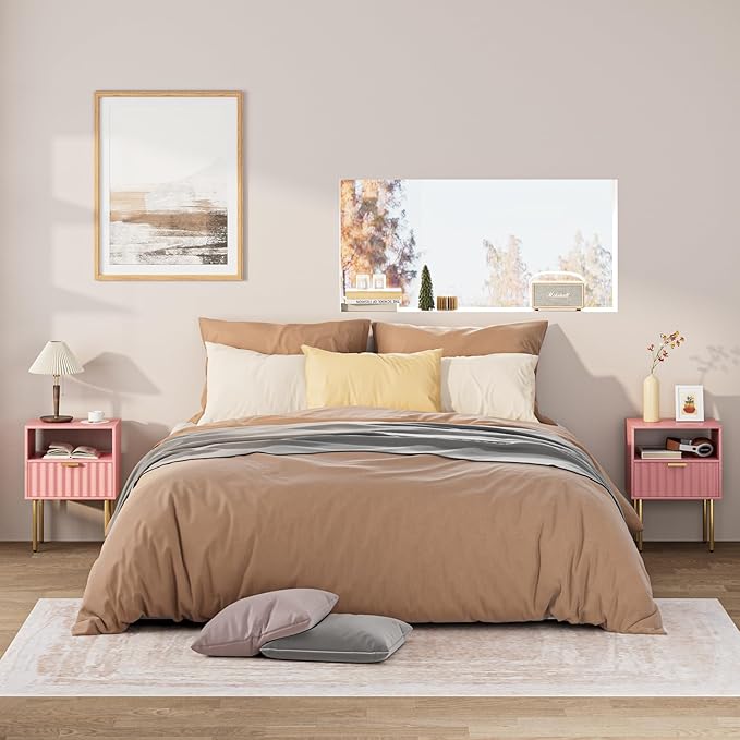 Nightstand,Modern Bedside Table with Gold Frame,Pink Night Stand,Bedside Furniture, Modern Side Table with Drawer and Shelf for Bedroom,Living Room (Pink)