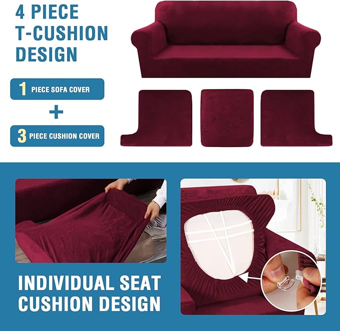 H.VERSAILTEX Sofa Cover 4 Piece T Cushion Sofa Slipcovers Thick Velvet Couch Cover Furniture Protector Stretch T Cushion Sofa Covers for 3 Cushion Couch with 3 Individual T Cushion Covers, Burgundy