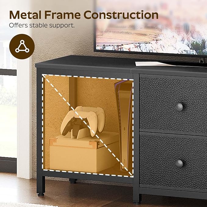 TV Stand for TVs up to 55", Entertainment Center with 2 Fabric Drawer, Media Console with Shelves, Television Stands for Living Room, Bedroom, Black DS02BB