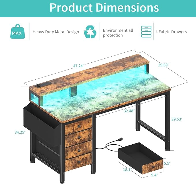 Lufeiya Reversible Gaming Desk with LED Lights and Power Outlets, 47 inch Home Office Desk with Monitor Stand, Computer Desk with Fabric Drawers, Rustic Brown