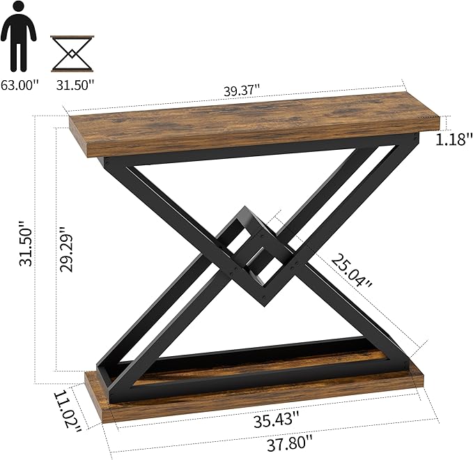 JUSTOGO 39.4" Console Table, Industrial Entryway Table Triangle Design for Living Room, Narrow Wood Sofa Tables for Hallway, Entrance, Foyer, Modern Accent Furniture Home Decor, Rustic Brown