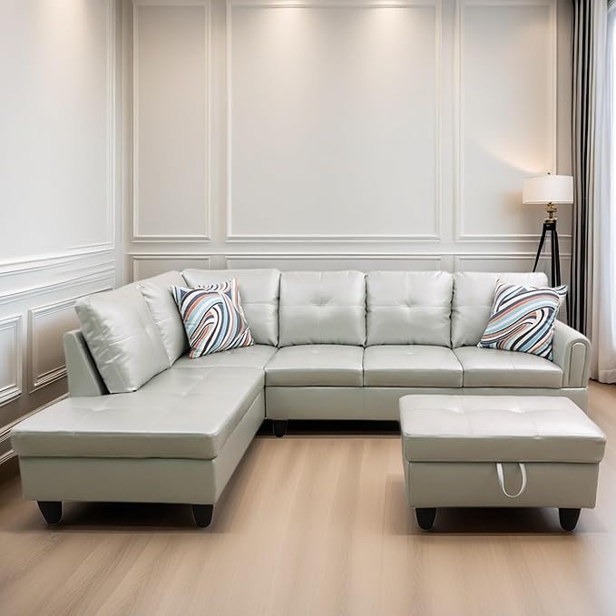 L Shaped Sectional Couches, Leather Couch Modular Sectional Sofa with Ottoman Storage, Modern L Shaped Couch with Chaise for Living Room Bedroom Apartment Furniture, White