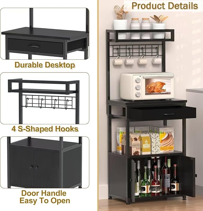 5-Tier Coffee Bar Cabinet & Microwave Stand with Storage, 2 Doors, 4 S-Hooks Kitchen Appliance Bakers Rack for Spices, Pots,Coffee Station for Small Spaces,Living Room,Entryway,Black