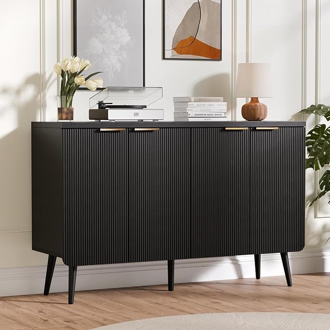 47.2" Buffet Cabinet with 4 Doors, Accent Sideboard Cabinet with Adjustable Shelf, Dining Room Sideboard with Waveform Panel, Credenzas for Living Room, Hallway, Black