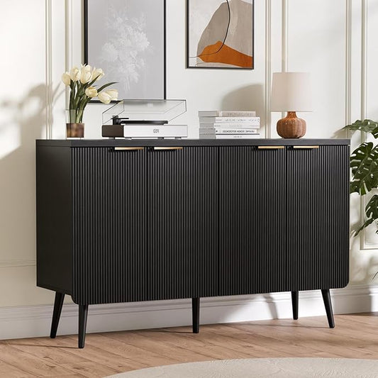 47.2" Buffet Cabinet with 4 Doors, Accent Sideboard Cabinet with Adjustable Shelf, Dining Room Sideboard with Waveform Panel, Credenzas for Living Room, Hallway, Black