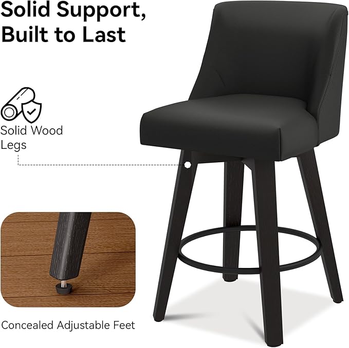 Counter Height Swivel Bar Stools Set of 6, 26 Inch Bar Stools with Footrest, Faux Leather Upholstered Barstools with Back and Solid Wood Legs for Kitchen Island, Dining Room,Pub,Black