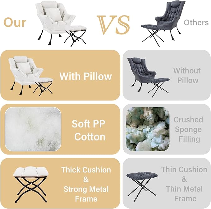 Lazy Chair with Ottoman, Comfy Reading Lounge Chair with Footstool & Throw Pillow Modern with Armrests & Side Pocket for Living Room, Bedroom, Dorm Room, Beige