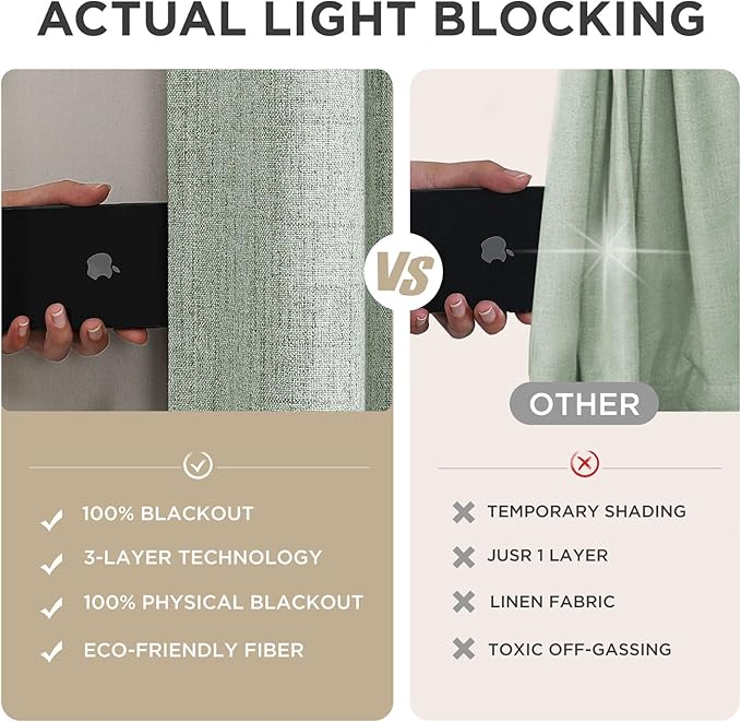 Joydeco 100% Blackout Curtains for Bedroom - Natural Linen Curtains 100" W x 84" L Long, Thermal Insulated 1 Panels Sage Green Light Blocking Drapes, Rod Pocket & Back Tabs for Living Room