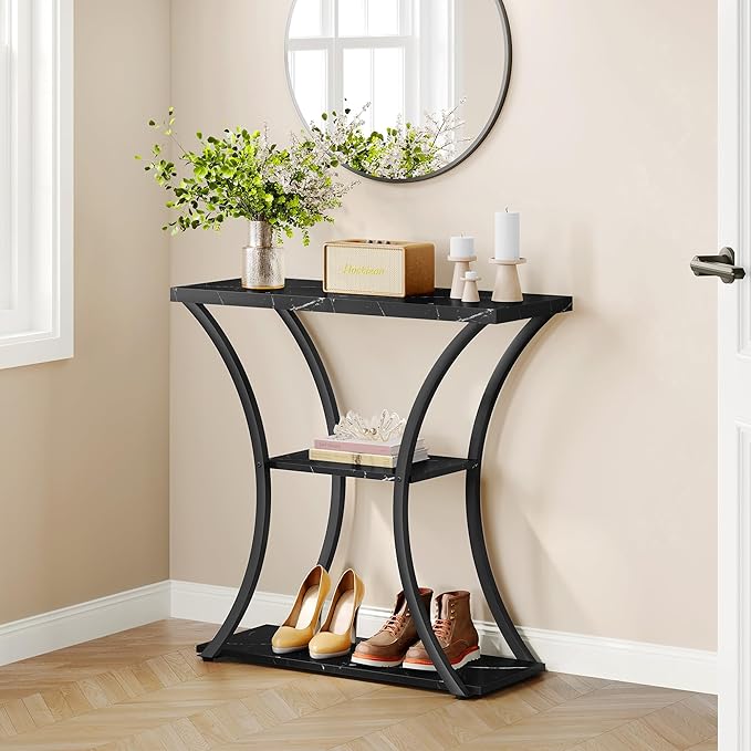 Hoctieon 3 Tier Console Table with Open Wood Shelves, Decorative Entryway Table with Curved Metal Frames, Narrow Sofa Table for Entrance, Living Room, Hallway, Black Marbled
