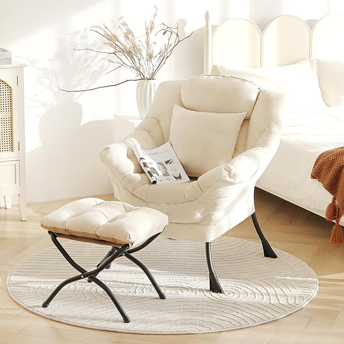 Lazy Chair with Ottoman, Modern Lounge Accent Chair with Armrests and a Throw Pillow, Leisure Sofa Chair Set, Reading Chair with Footrest for Living Room, Bedroom, Office, Velvet Ivory