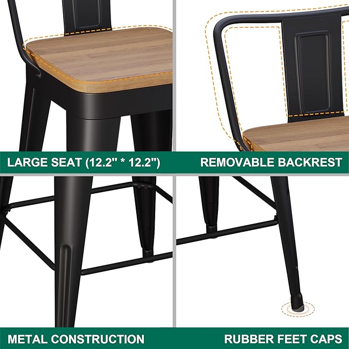 WENTMENT Bar Stools Set of 2 Counter Height Metal Barstools with Removable Back 30" Kitchen Bar Stools with Wooden Seat, Black