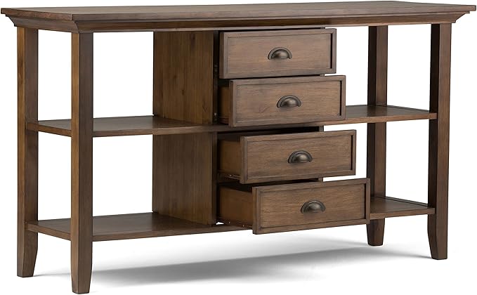 SIMPLIHOME Redmond Console Table - 54 Inch Wide Solid Wood Sofa Table in Rustic Natural Aged Brown, Transitional Storage Table for Entryway or Living Room with 4 Drawers and 4 Open Shelves