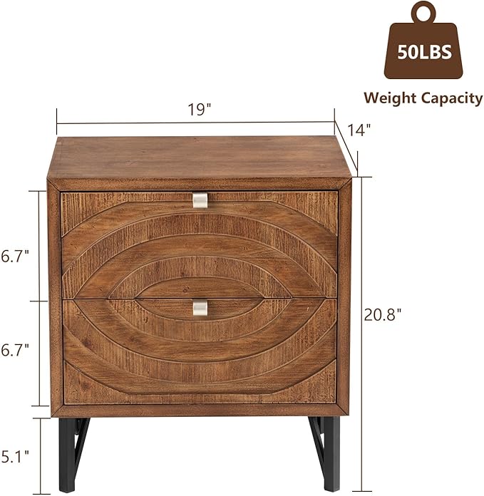 COSIEST Vintage Nightstand with 2 Storage Drawers, Rustic End Table for Bedroom and Living Room, Easy to Assemble Accent Table (Brown, Circle Pattern)