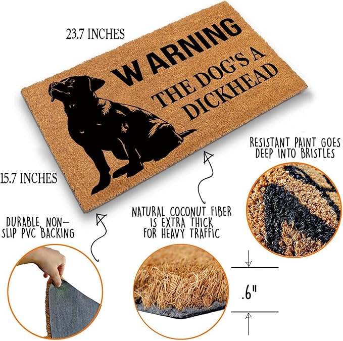 Funny Coir Doormat Warning Dog The Dog's A Dickhead Front Door Mat Entryway Outdoor Mat with Heavy Duty Front Porch Decor Welcome Mats House Warming Gift Coir Doormat Entry Brown Mat 23.7 x 15.7 inch