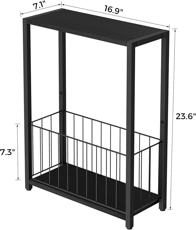 Narrow Side Tables Set of 2 with Magazine Holder, Skinny End Tables Perfect for Small Spaces, Space-Saving Design for Living Room, Bedroom, or Office, 7.1" D x 16.9" W x 23.6" H, Black