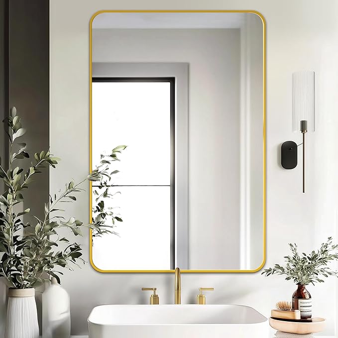 Delma Bathroom Vanity Mirror, Black Framed Bathroom Mirror for Over Sink, High-Definition Bathroom Mirror, Versatile Bathroom Vanity Mirror, Hangs Horizontally or Vertically(36x24, Gold)