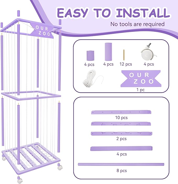 Stuffed Animal Storage Zoo with Wheels, Wooden Large Stuff Animals Plushies Holder Toy Organizer Kids Plush Storage Cage with Elastic Band and Net for Nursery Playroom Corner for Toddler (Purple)