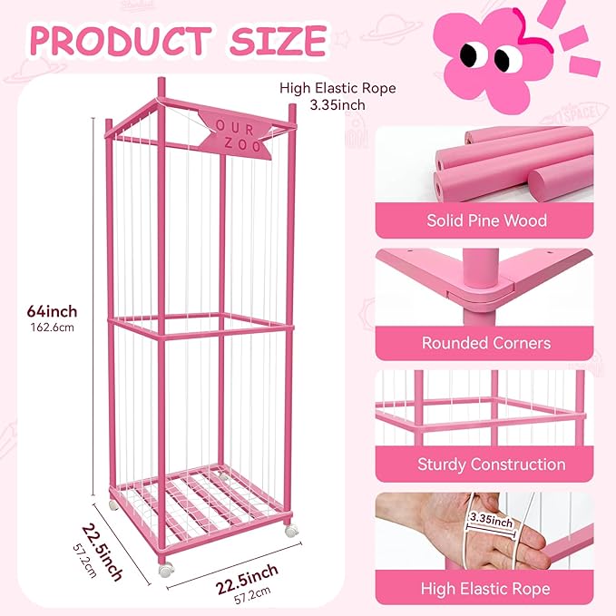 Stuffed Animal Storage Zoo with Wheels, Wooden Large Stuff Animals Plushies Holder Toy Organizer Kids Plush Storage Cage with Elastic Band and Net for Nursery Playroom Corner for Toddler (Hot Pink)