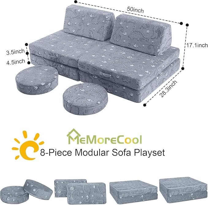MeMoreCool 8-Piece Kids Modular Play Couch — Glow-in-The-Dark Dinosaur Foam Sofa Set for Toddlers, Convertible Fort Building Furniture with Washable Covers, Playroom Climbing & Creative Play Sofa