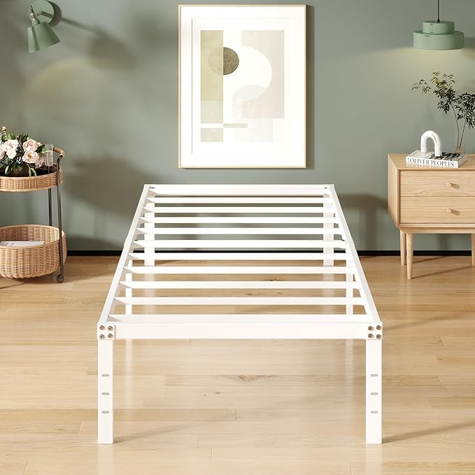 16 Inch White Twin XL Bed Frames, Metal Platform Twin XL Bed Frame with High Storage, Eassy Assembly 2,500 lbs Heavy Duty Bedframes