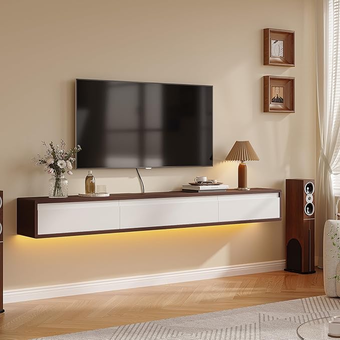 Floating TV Stand High Gloss,55'' Wall-Mounted TV Cabinet,Floating TV Console,Under TV Shelf with 3 Doors for Living Room Bedroom(Walnut+White)