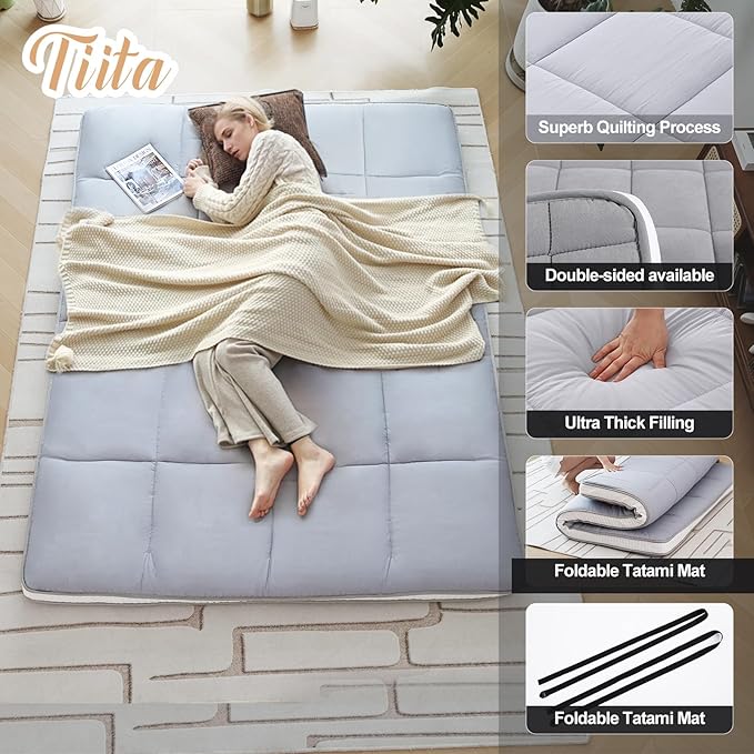 Tiita Memory Foam Mattress Topper Twin Size, 4" Thicken Futon Mattress with Storage Bag and 2 Straps, Portable Roll Up Travel Car Camping Mattress Floor Sleeping Pad, Grey
