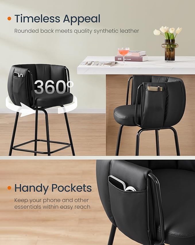 SONGMICS HOME 360° Swivel Bar Stools Set of 2, Barstools with Curved Back, Upholstered Counter Bar Stools with Footrest, Metal Tapered Legs, for Kitchen Island, Dining Room, Ink Black ULBC123B02